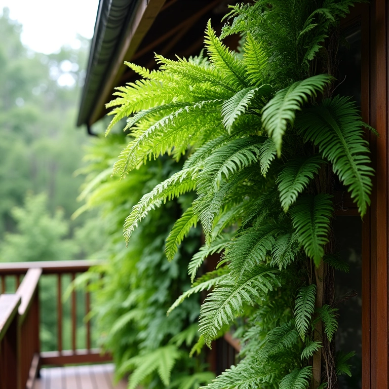 Samambaias penduradas no deck, criando uma parede verde.