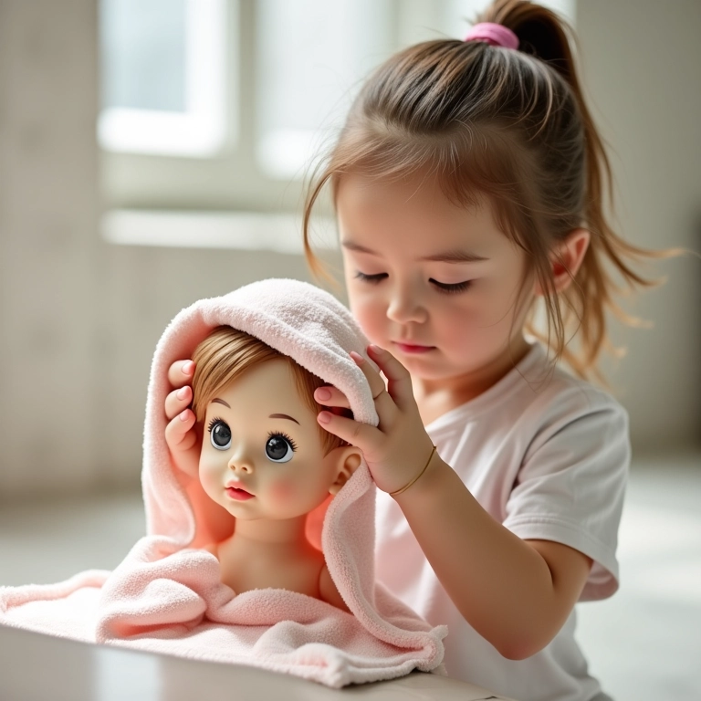 Secando o cabelo de uma boneca com uma toalha macia.