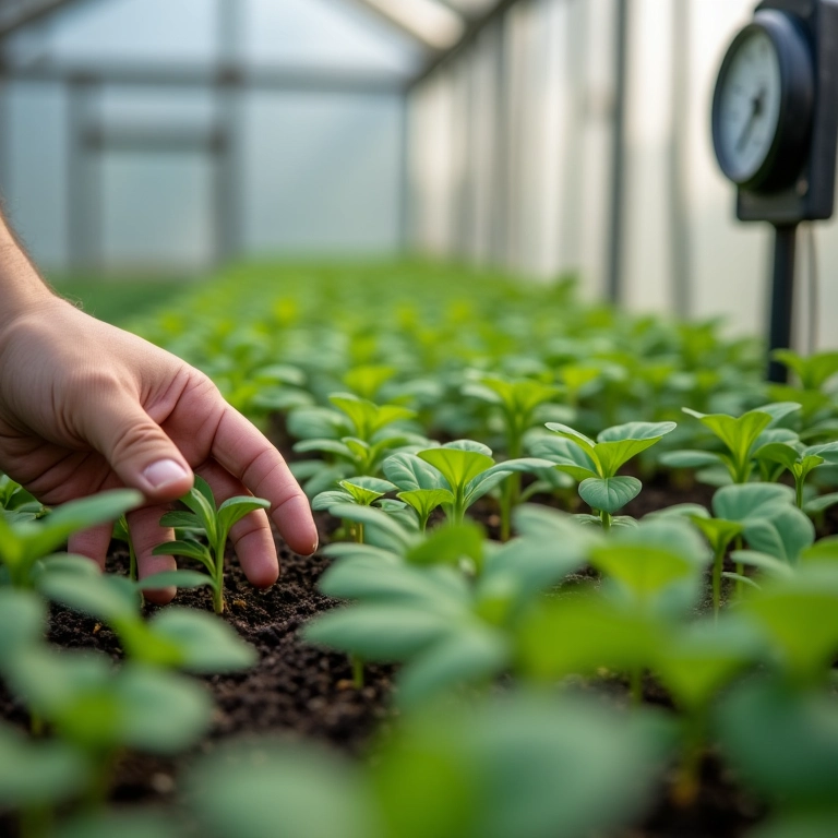 Sementeira em ambiente controlado com termômetro.