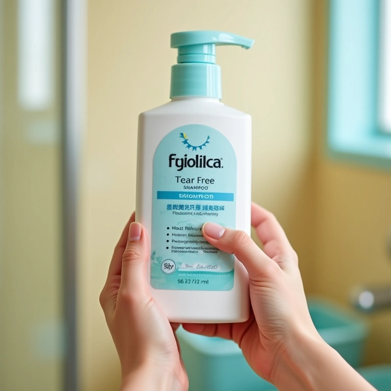 Shampoo infantil sem lágrimas sendo segurado em um banheiro colorido.