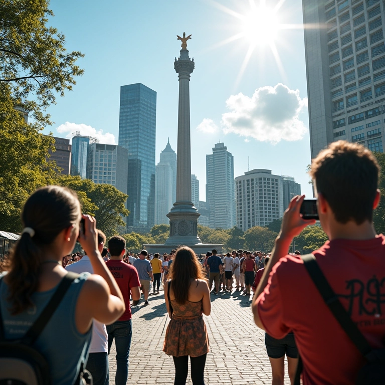 Turistas fotografando a Figueira das Lágrimas em um dia ensolarado em São Paulo.