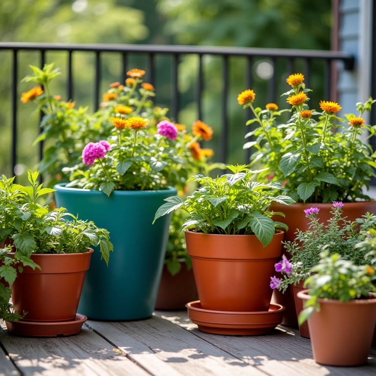Vasos e cachepots coloridos decorando um deck.