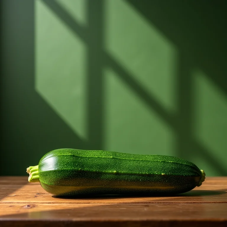 Abobrinha verde vibrante em mesa de madeira.