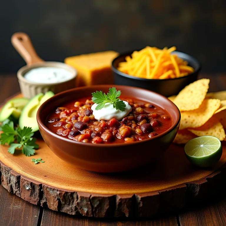 Acompanhamentos para chilli: pão de milho, chips de tortilha, guacamole, creme azedo, queijo ralado e limão.
