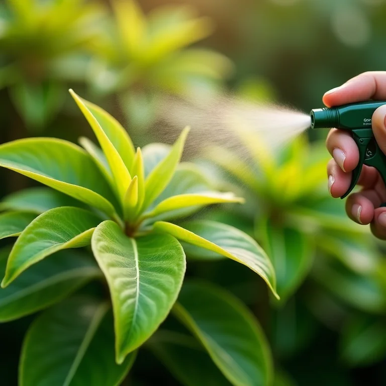 Adubação foliar em Ixora: mãos aplicando o fertilizante.
