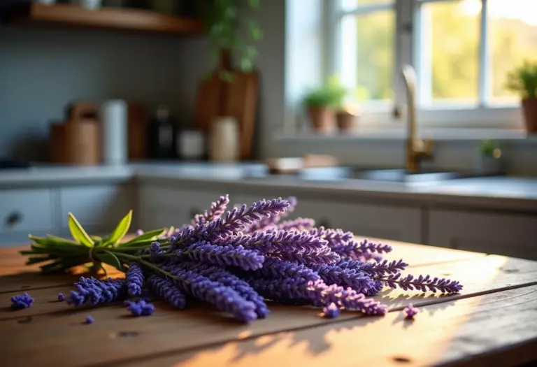 Alfazema fresca disposta sobre mesa de madeira rústica.