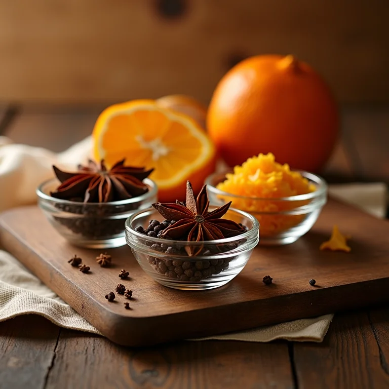Anis estrelado, cravo da índia e casca de laranja em potes de vidro