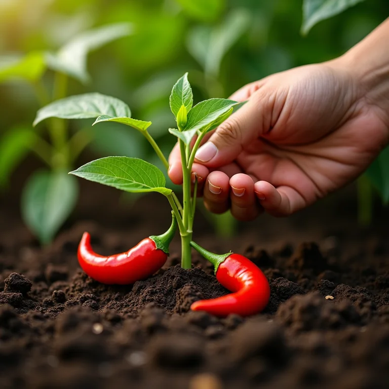 Aplicação cuidadosa de adubo na base de uma pimenteira.