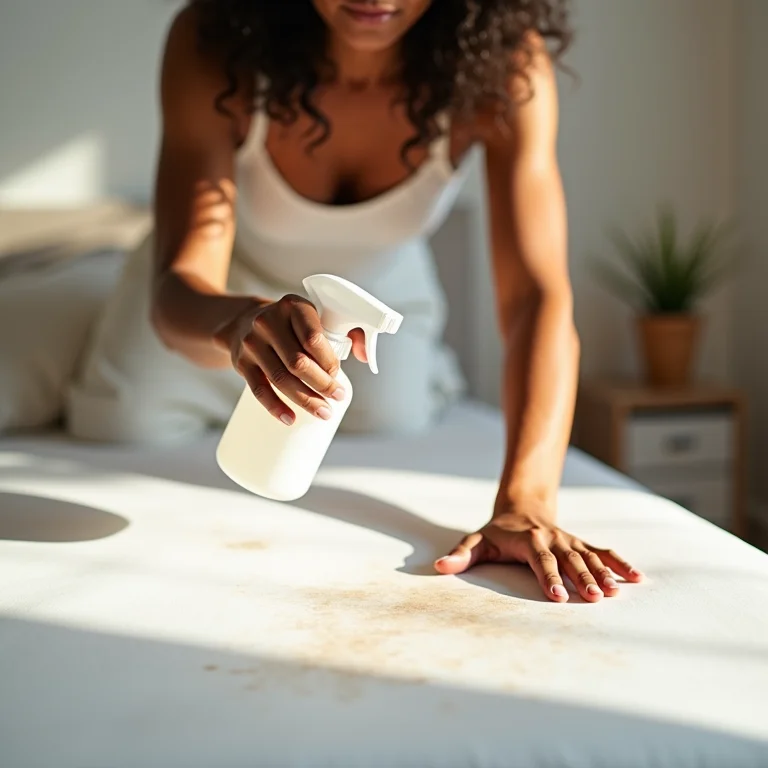 Aplicando solução de limpeza em mancha de colchão