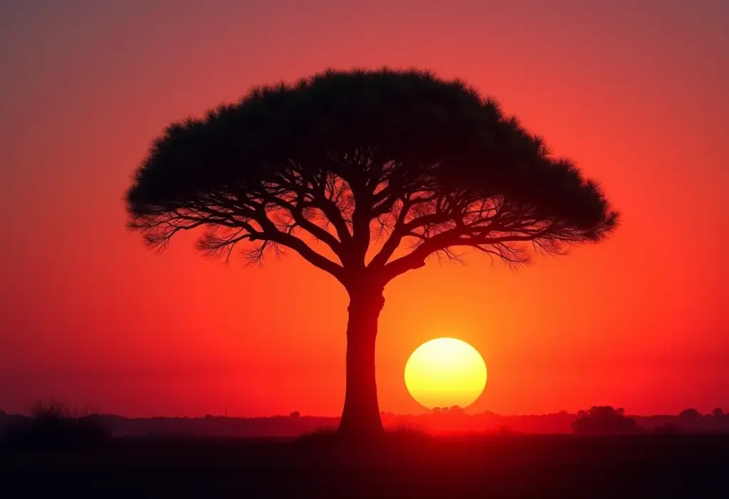 Araucária imponente contra o pôr do sol.