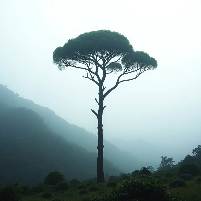 Araucária imponente em uma paisagem montanhosa e enevoada do sul do Brasil, simbolizando a força e a beleza da região.
