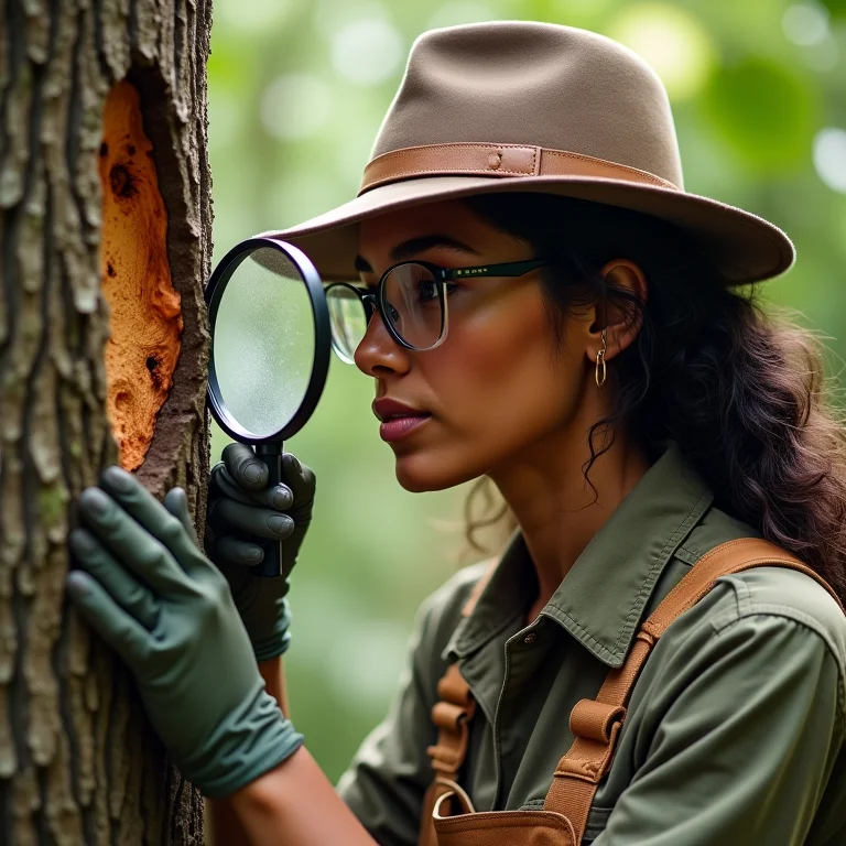 Arborista diagnosticando doença em árvore com lupa.