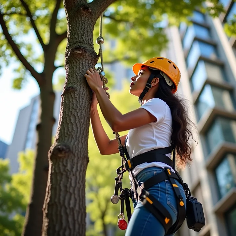 Arborista escalando árvore para inspeção e cuidado.