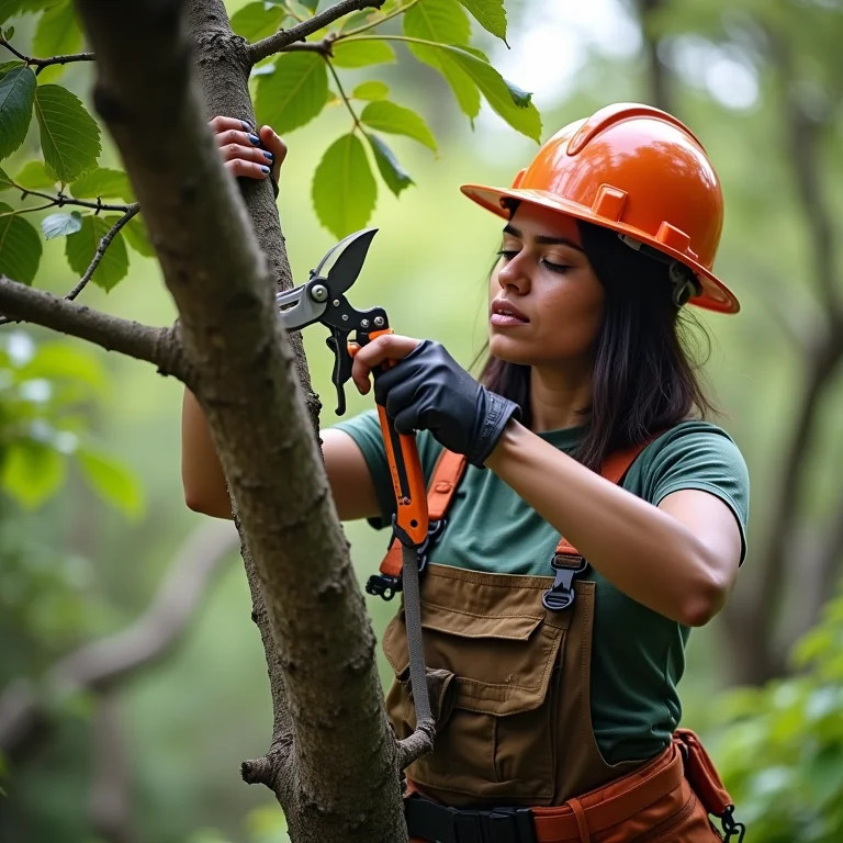 Arborista realizando poda técnica em árvore para garantir sua saúde.
