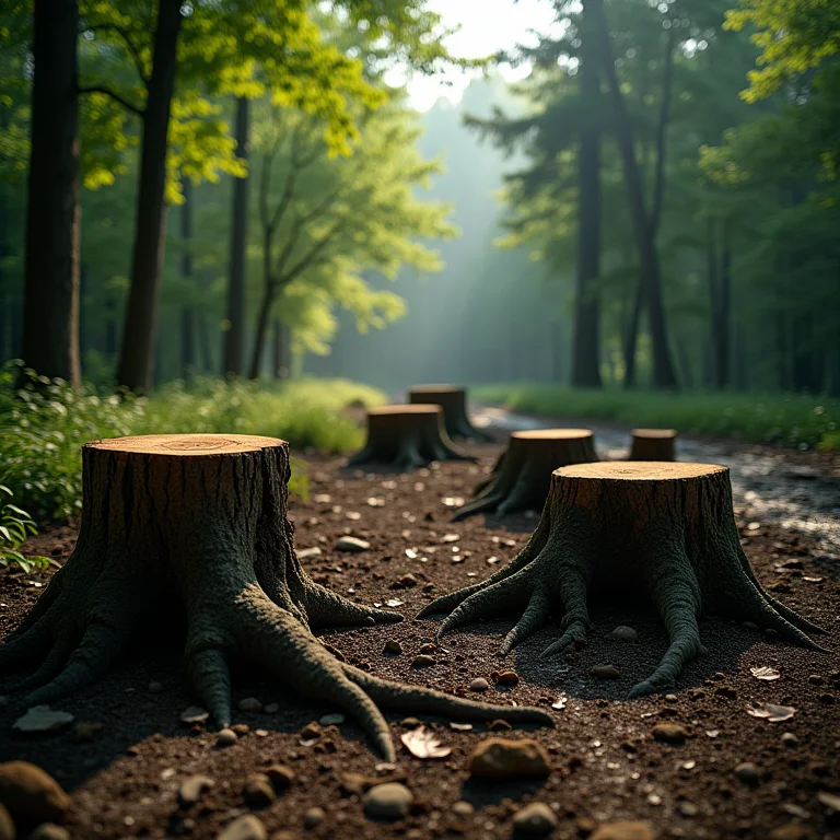 Área desmatada com tocos de árvores contrastando com floresta exuberante ao fundo.