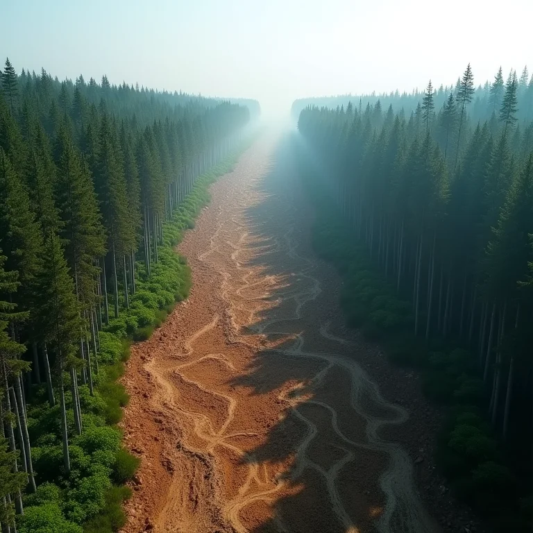 Área desmatada contrastada com uma floresta saudável.