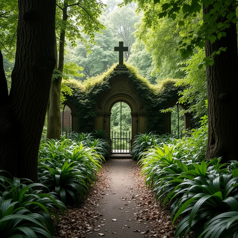 Área selvagem e exuberante no Cemitério Highgate em Londres