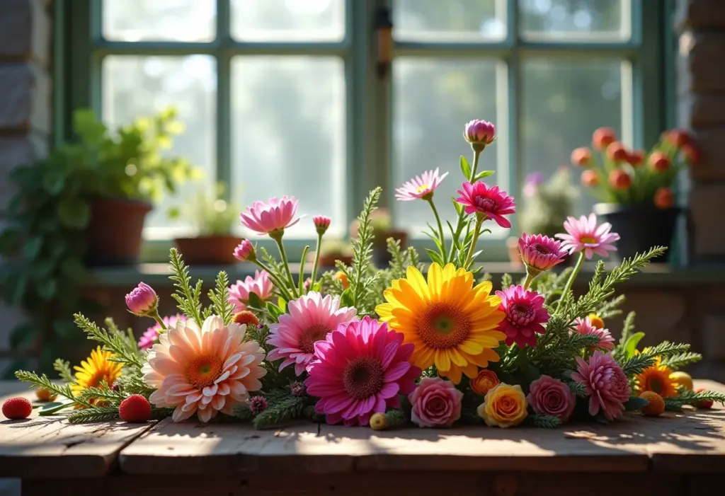 Arranjo de diversas flores comestíveis sobre mesa de madeira rústica.