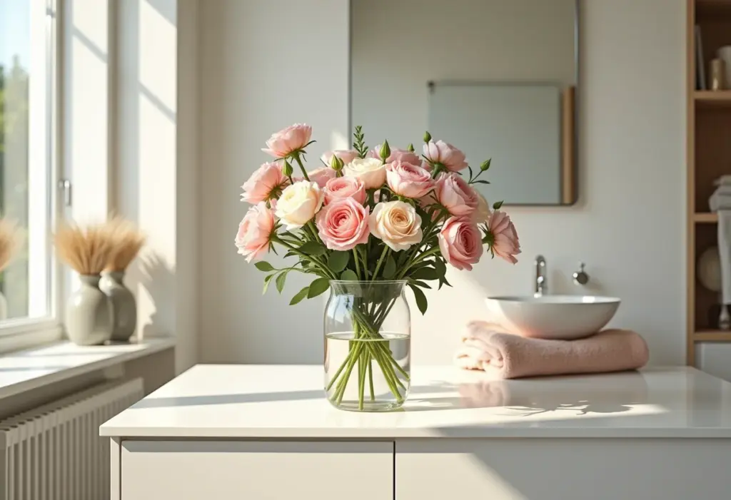 Arranjo de flores sofisticado em lavabo moderno.