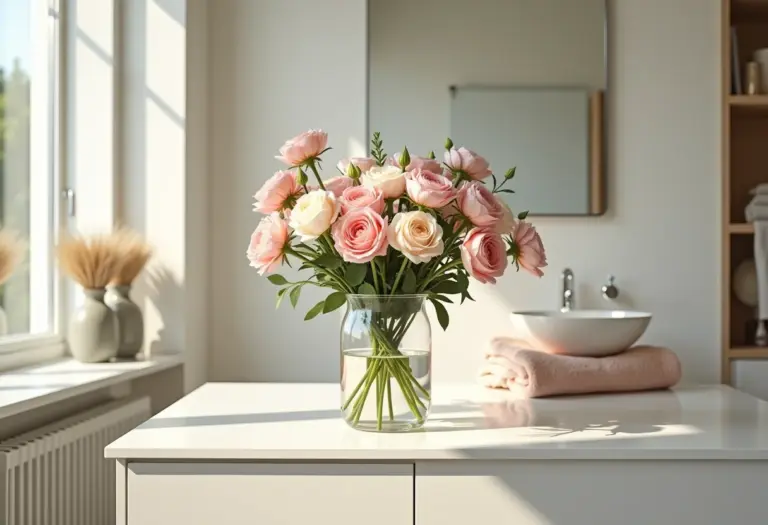 Arranjo de flores sofisticado em lavabo moderno.