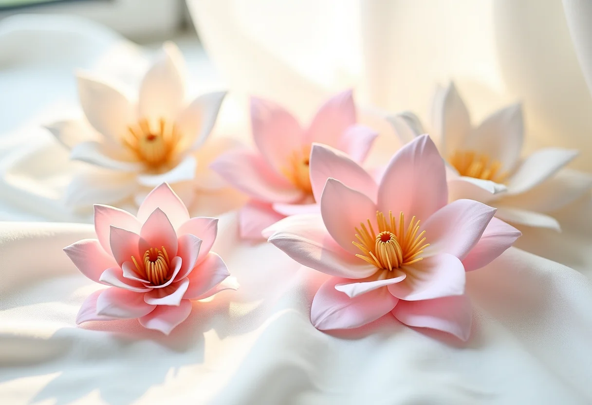 Arranjo delicado de flores de papel em tons pastel