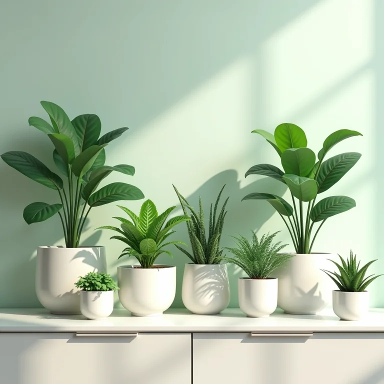 Arranjo estético de plantas diversas em lavabo moderno