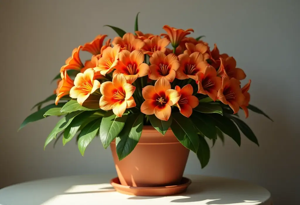 Arranjo exuberante de flor de lis em vaso de terracota.