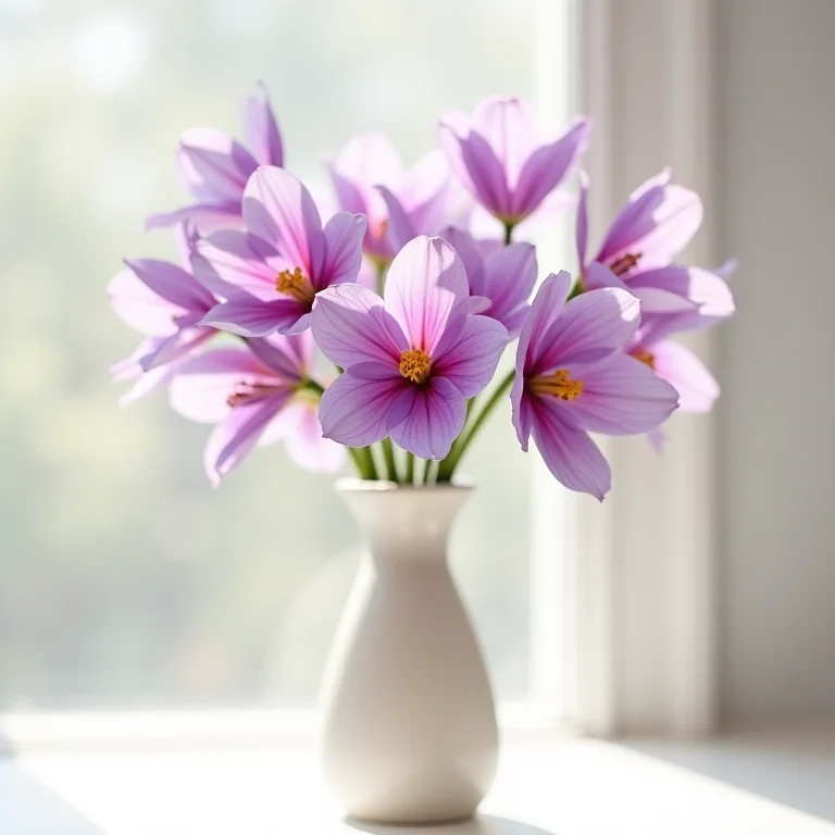 Arranjo minimalista com flores roxas de jacarandá em vaso