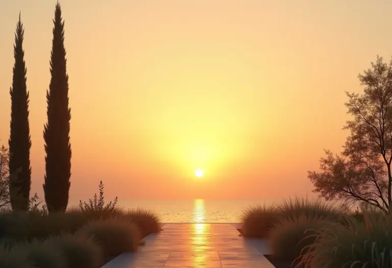 Árvore colunar esguia contra um pôr do sol dourado em um jardim minimalista.