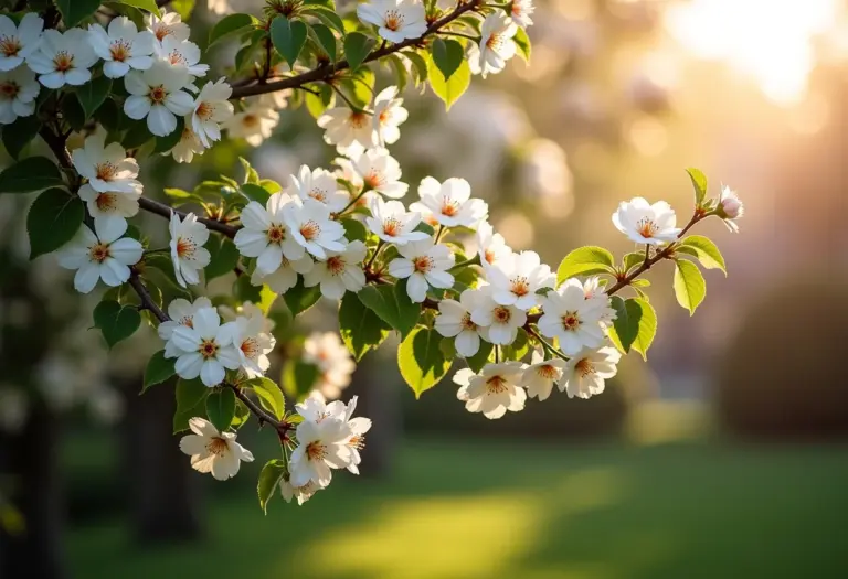 Árvore florida sendo podada, com foco em flores e ferramentas.