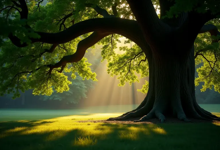 Árvore majestosa com luz solar filtrada através das folhas.