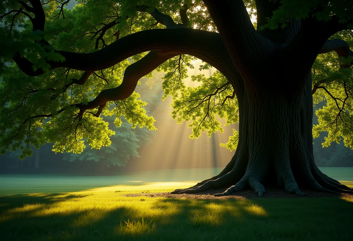 Árvore majestosa com luz solar filtrada através das folhas.