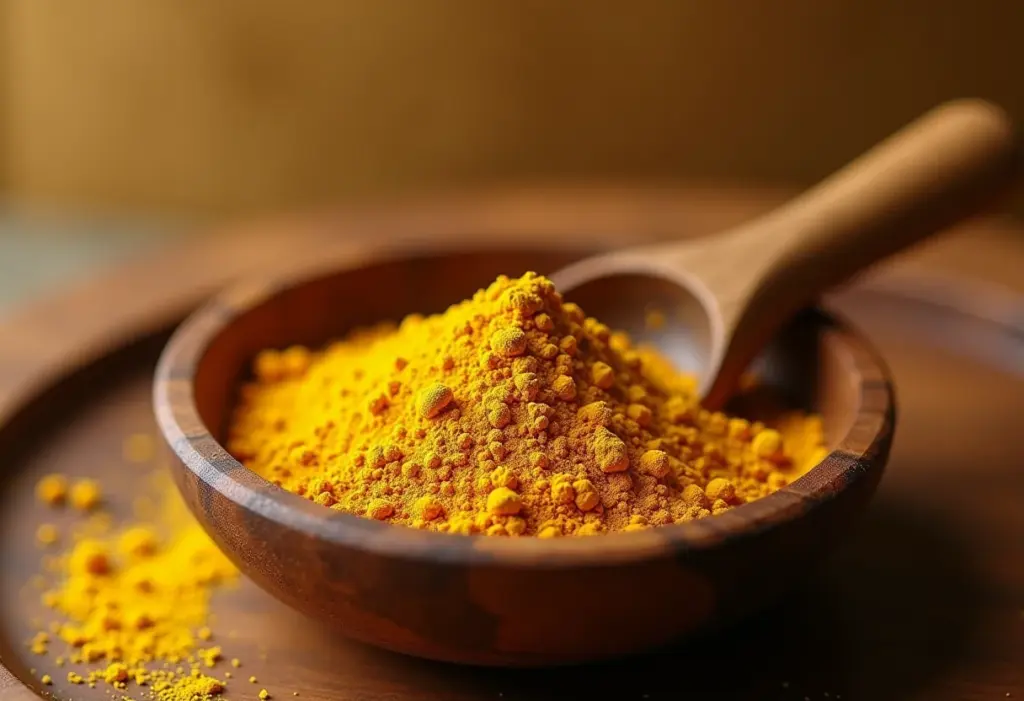 Asafoetida em pó e especiarias em tigela de madeira rústica