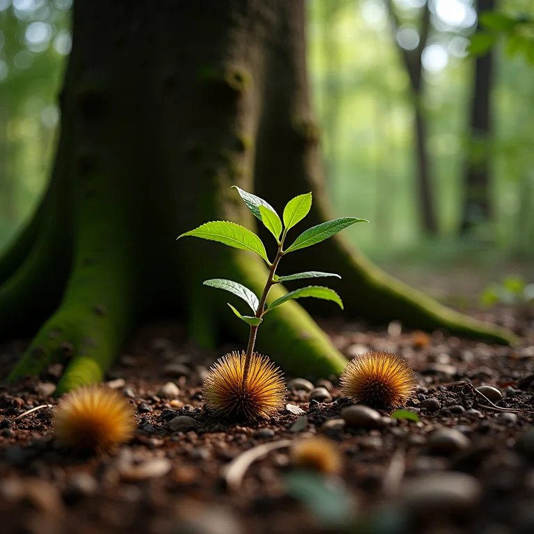 Bainha da floresta sob uma araucária com sementes e mudas.