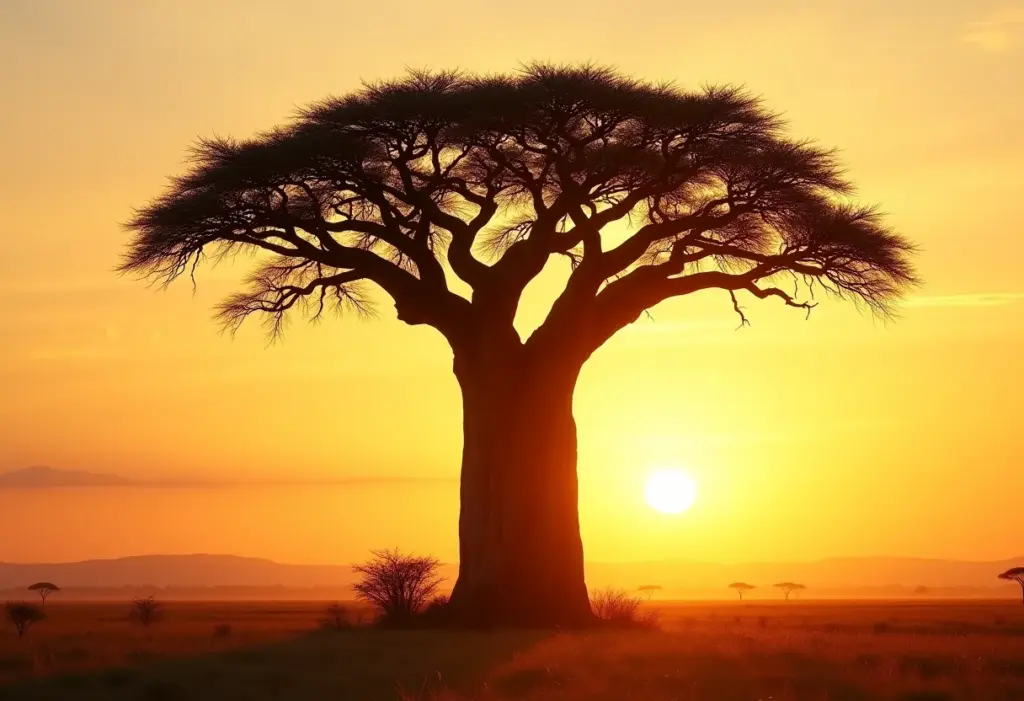 Baobá ao pôr do sol na savana africana