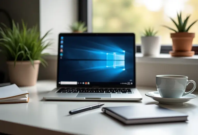 Barra de tarefas do Windows em um laptop, cercada por acessórios minimalistas