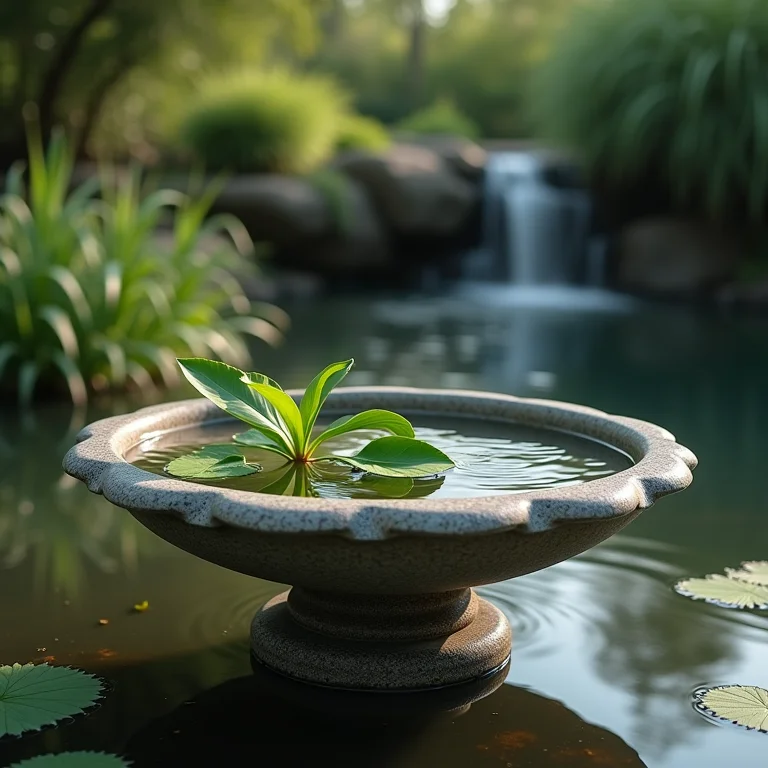 Bebedouro para pássaros e pequeno lago com plantas aquáticas.