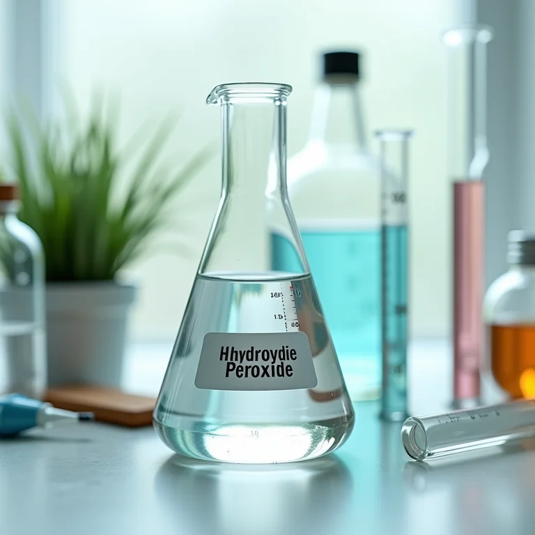 Béquer com peróxido de hidrogênio em ambiente de laboratório.