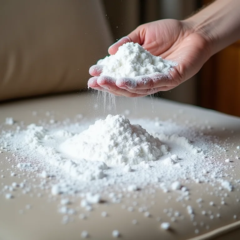 Bicarbonato de sódio cobrindo uma mancha no sofá.