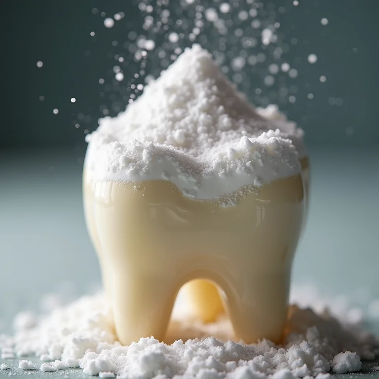 Bicarbonato sendo esfregado em um dente, mostrando a abrasividade.