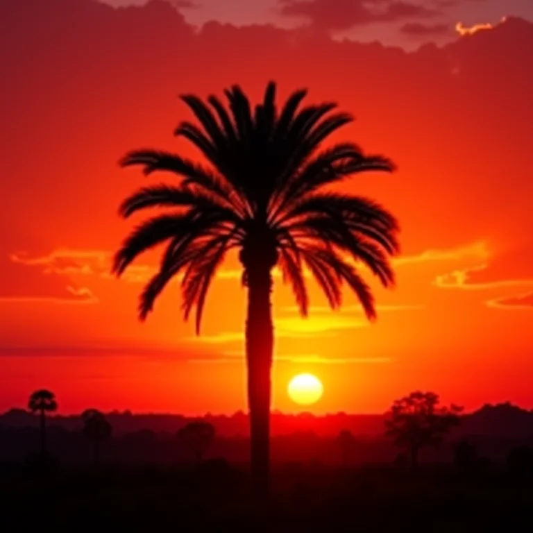 Buriti ao pôr do sol no Cerrado, simbolizando a vida e a beleza da palmeira que sustenta vidas.