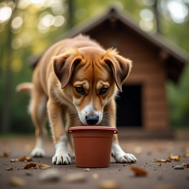 Cachorro farejando um vaso de planta.