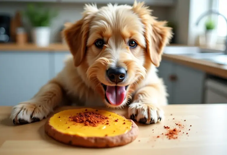 Cachorro feliz comendo comida temperada