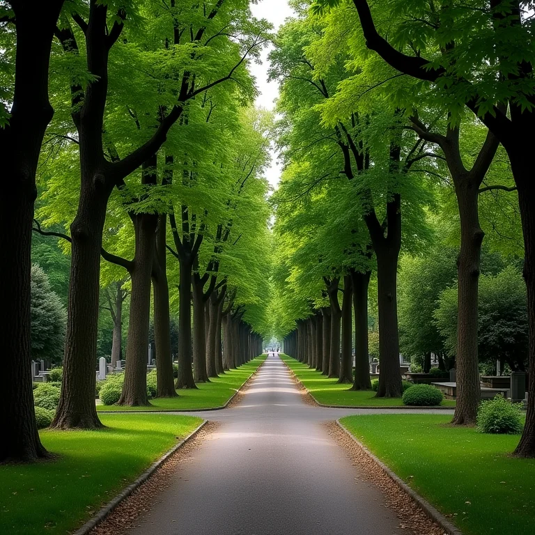 Caminho em cemitério Père Lachaise em Paris com vegetação exuberante
