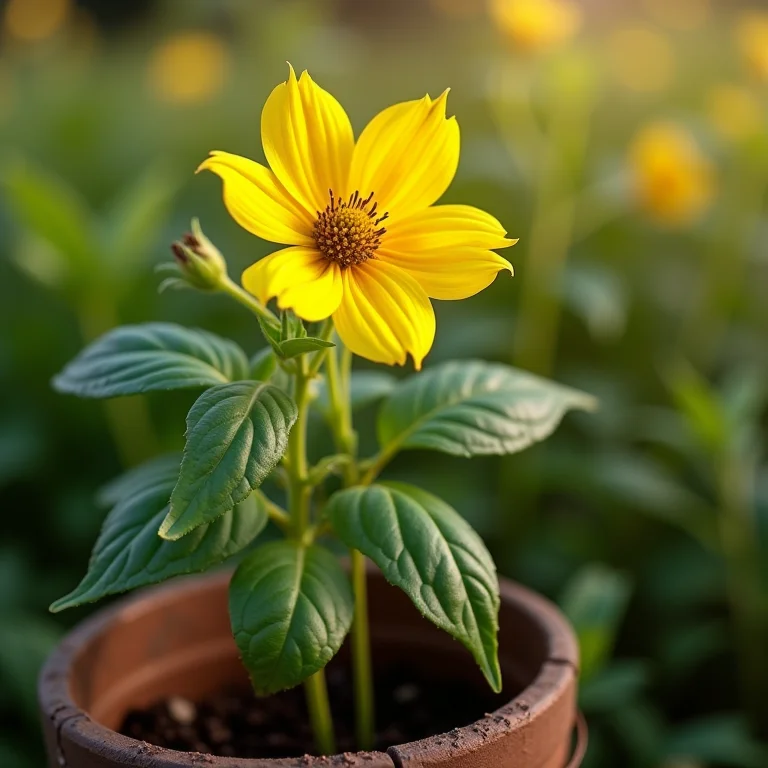 Campânula com folhas amareladas e fertilizante ao lado.