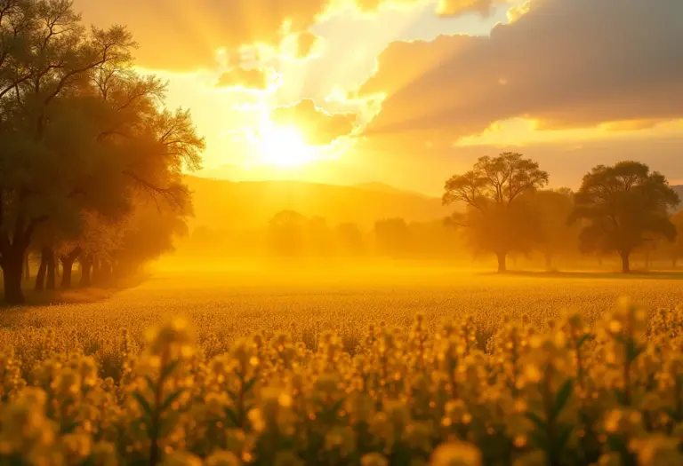 Campo vasto de ipês amarelos florescendo sob o sol, criando uma paisagem dourada.