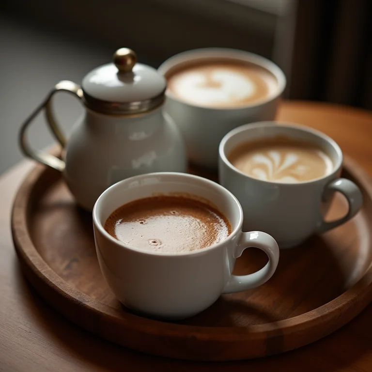 Canecas com café, chocolate quente e chá em bandeja de madeira