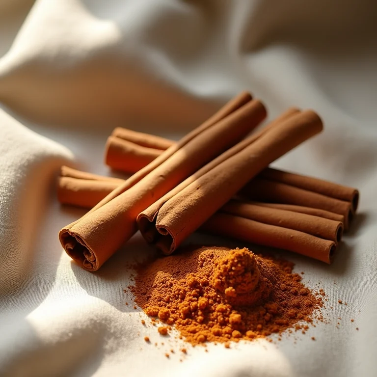 Canela em pau, moída e em lascas sobre tecido de linho