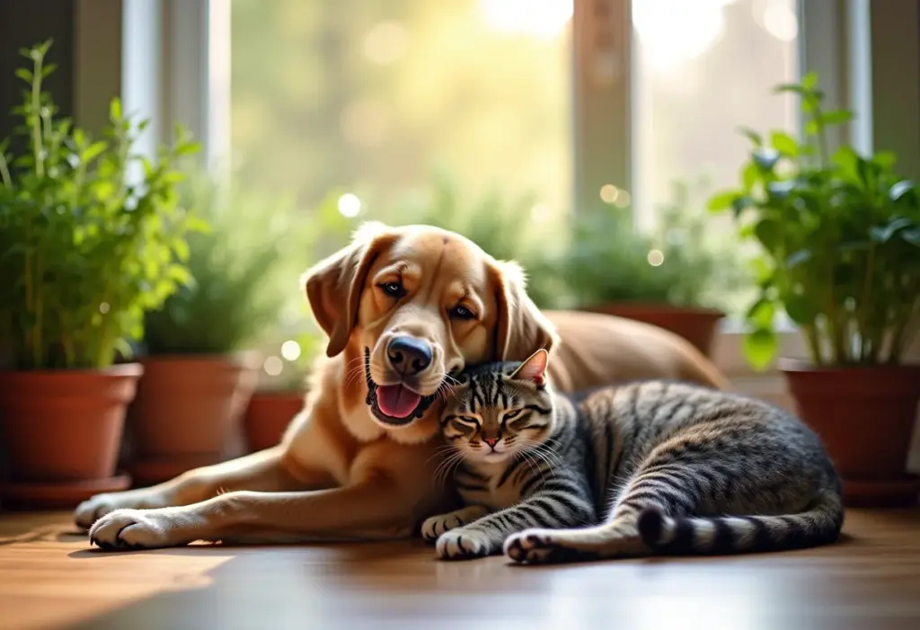 Cão e gato relaxando em ambiente ensolarado com ervas frescas