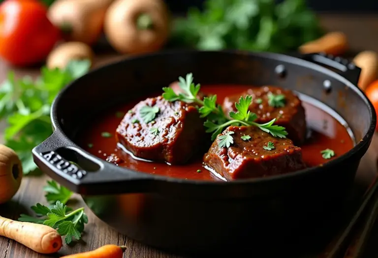 Carne de panela apetitosa em panela de ferro rústica com legumes frescos.